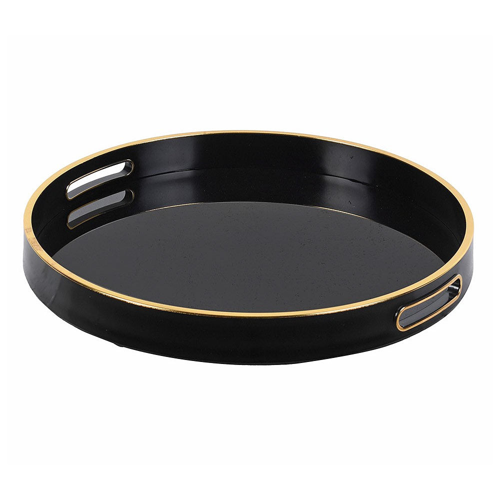 A round black tray with a thin gold rim and integrated rectangular handles, shown on a plain white background.
