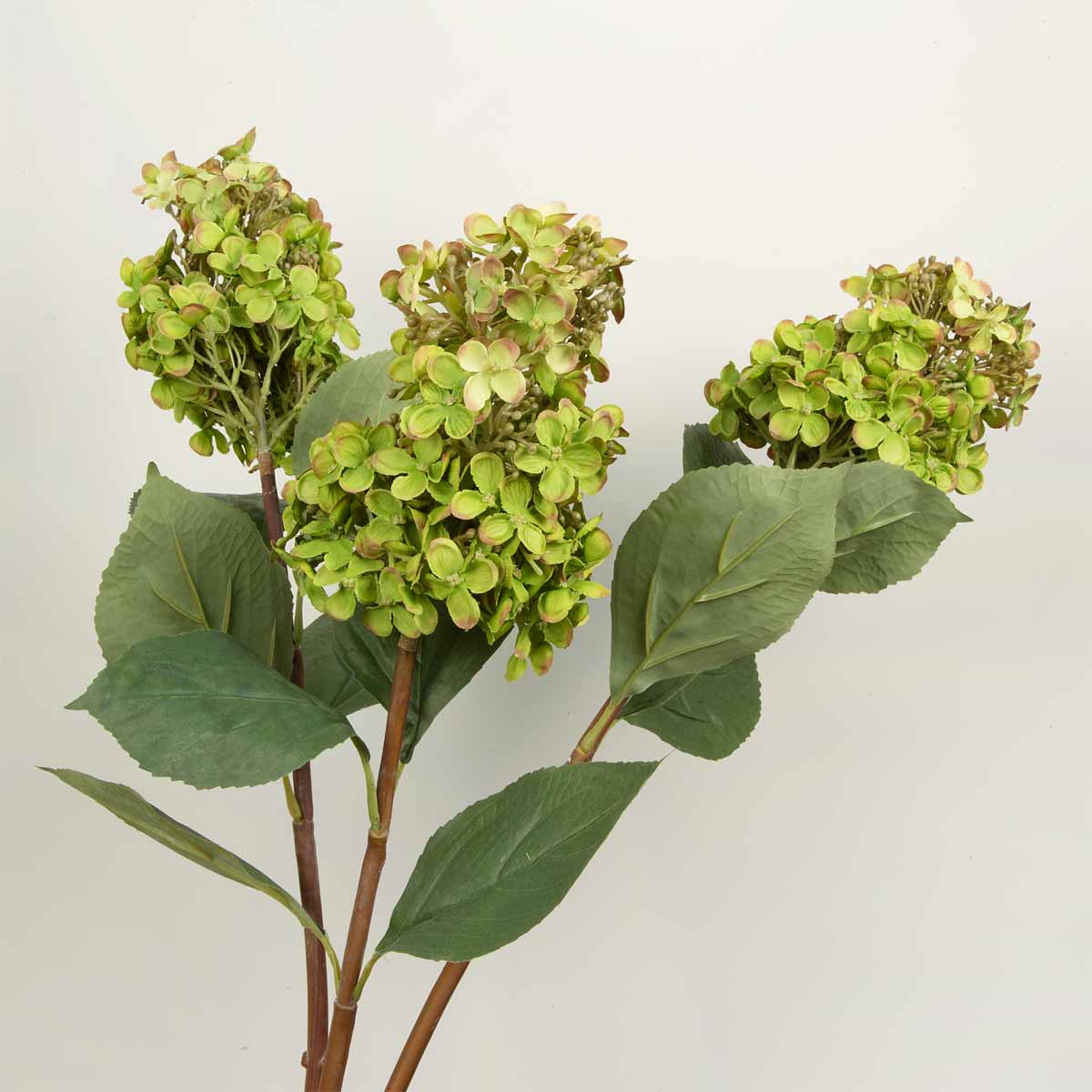 Three Artificial hydrangea cone stem with green flowers and leaves on a light gray background