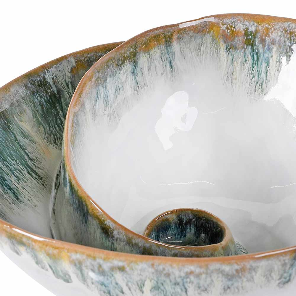Close up of ceramic Green Ombre Shell Effect Bowl showing textured glaze in green, white and gold
