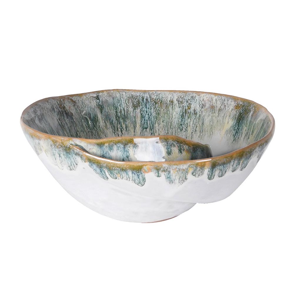 Side view of ceramic Green Ombre Shell Effect Bowl with green, white and gold glaze 