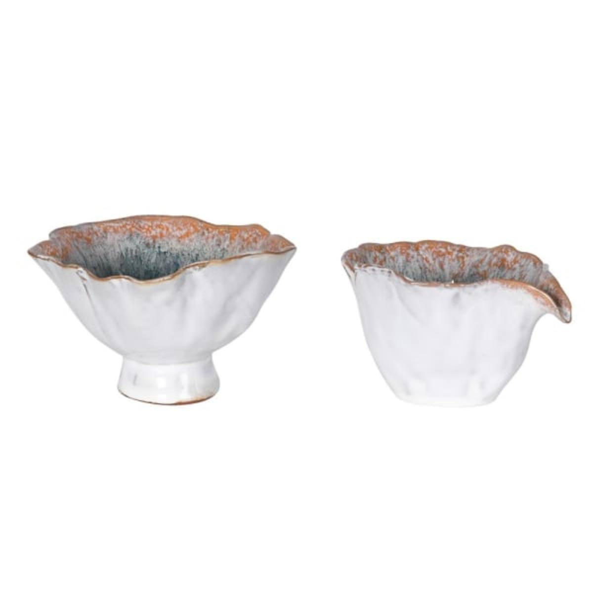 Green Ombre Milk and Sugar Bowls with scalloped edges and rustic finishes on a white background