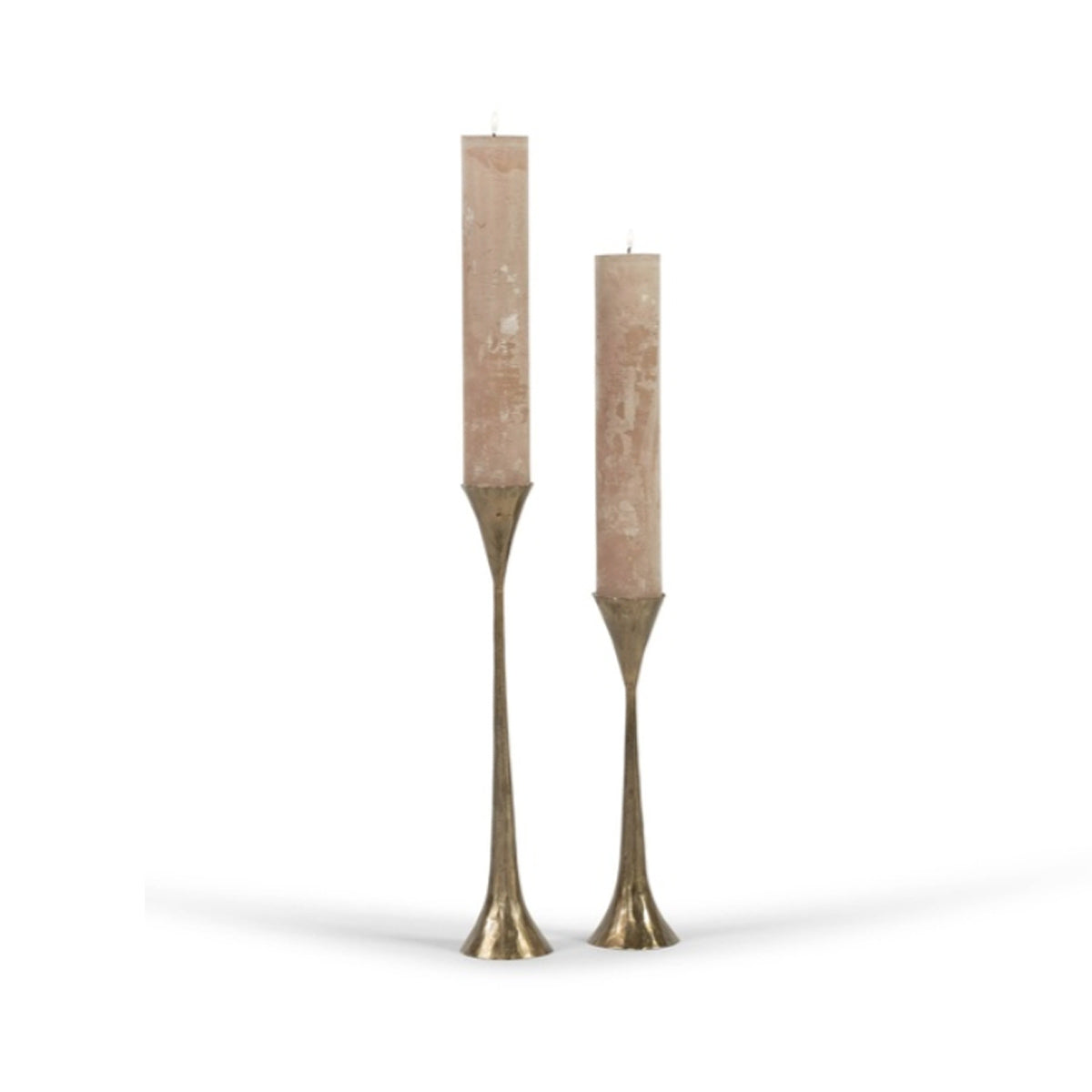 Hand Forged Metal Candleholder - Brass Antique - Two sizes shown together with short dinner candles.