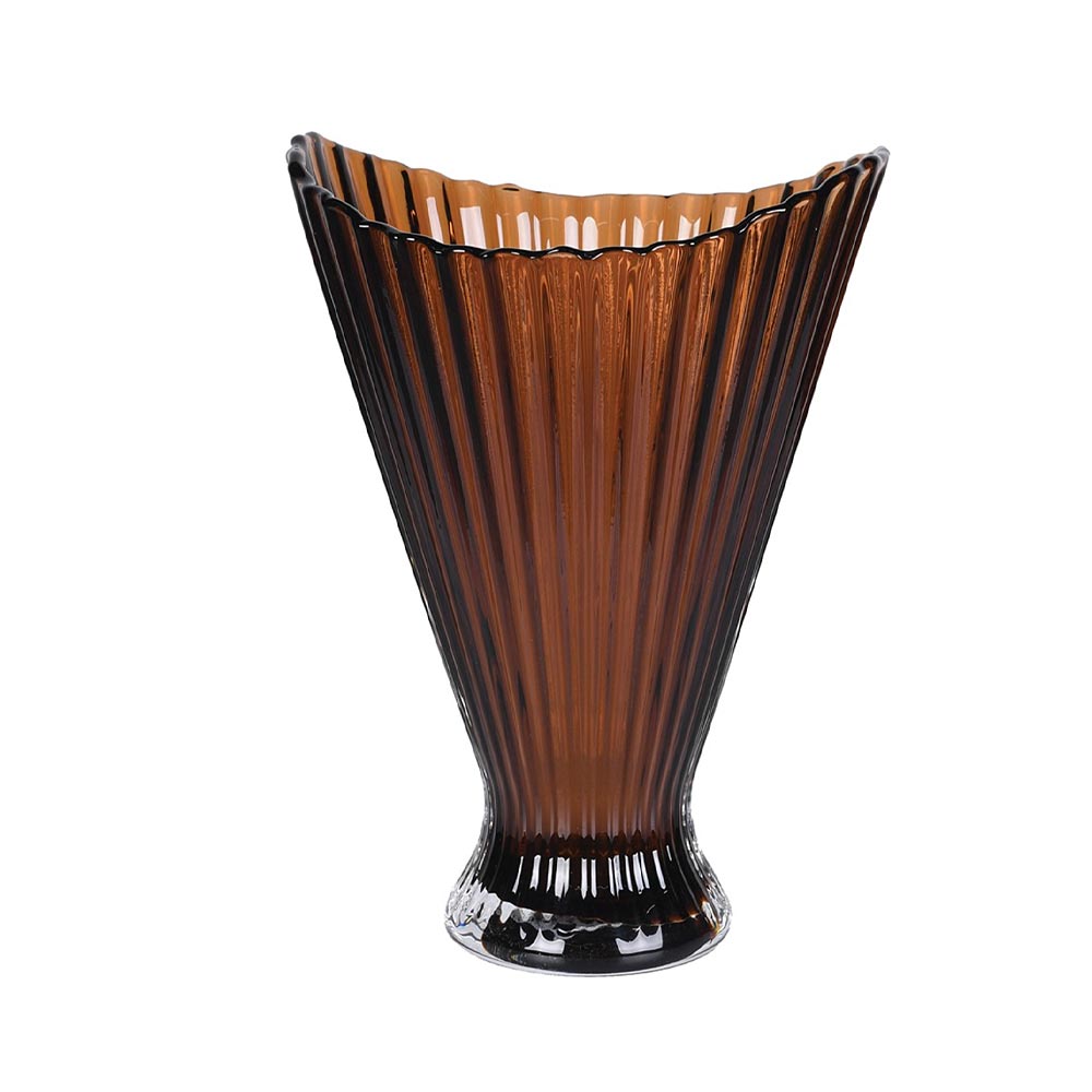 Hazel Glass Fluted Vase - Amber ribbed glass vase on a white background