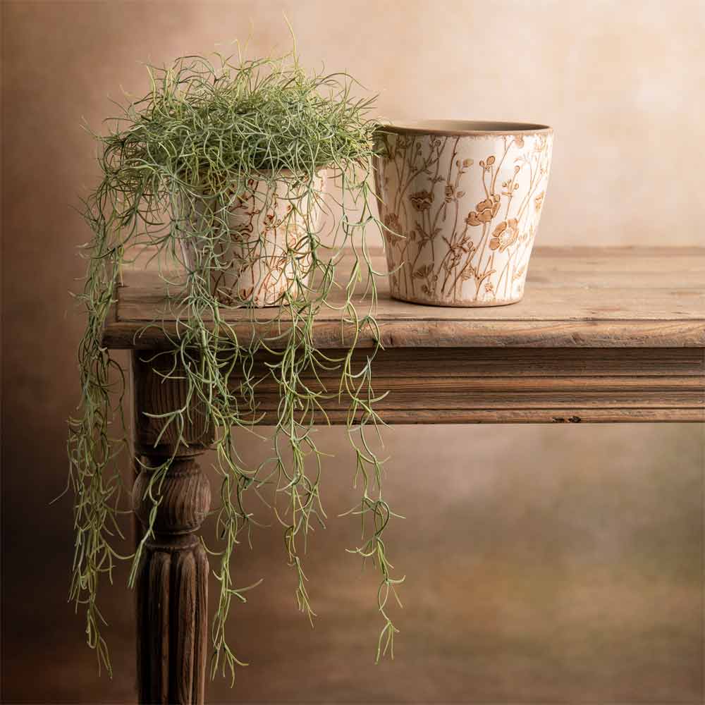 Two ceramic planters with a warm beige background and brown botanical floral patterns, one holding a green trailing plant and the other empty, displayed on a rustic wooden table against a soft beige background.