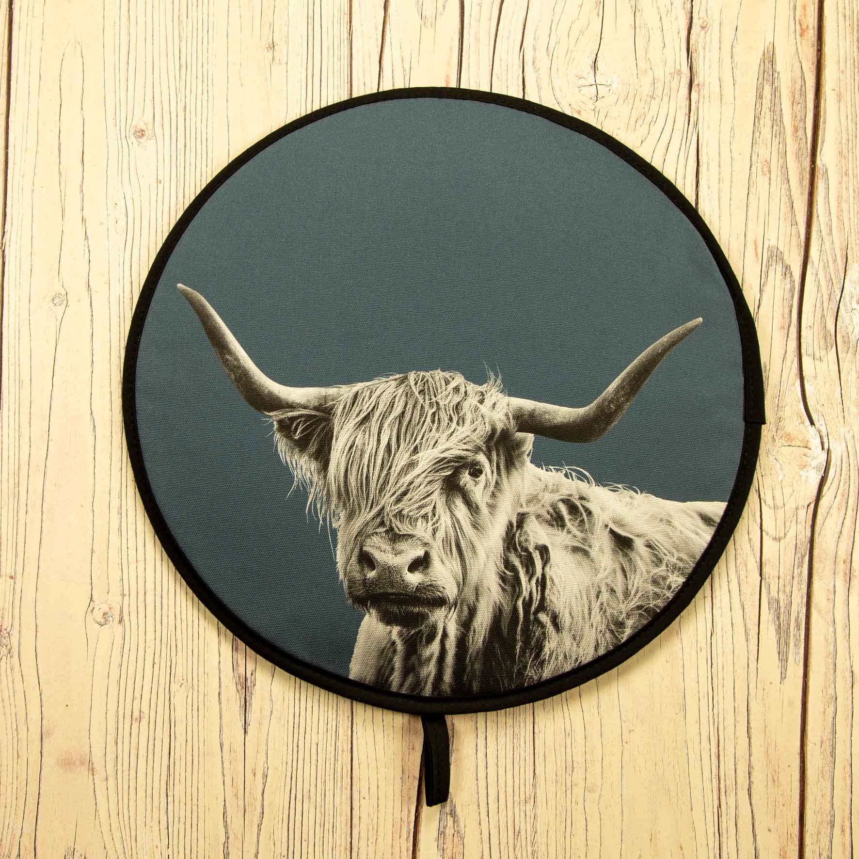 Highland Cow Chefs Pad for Aga Cooker - Steel Blue