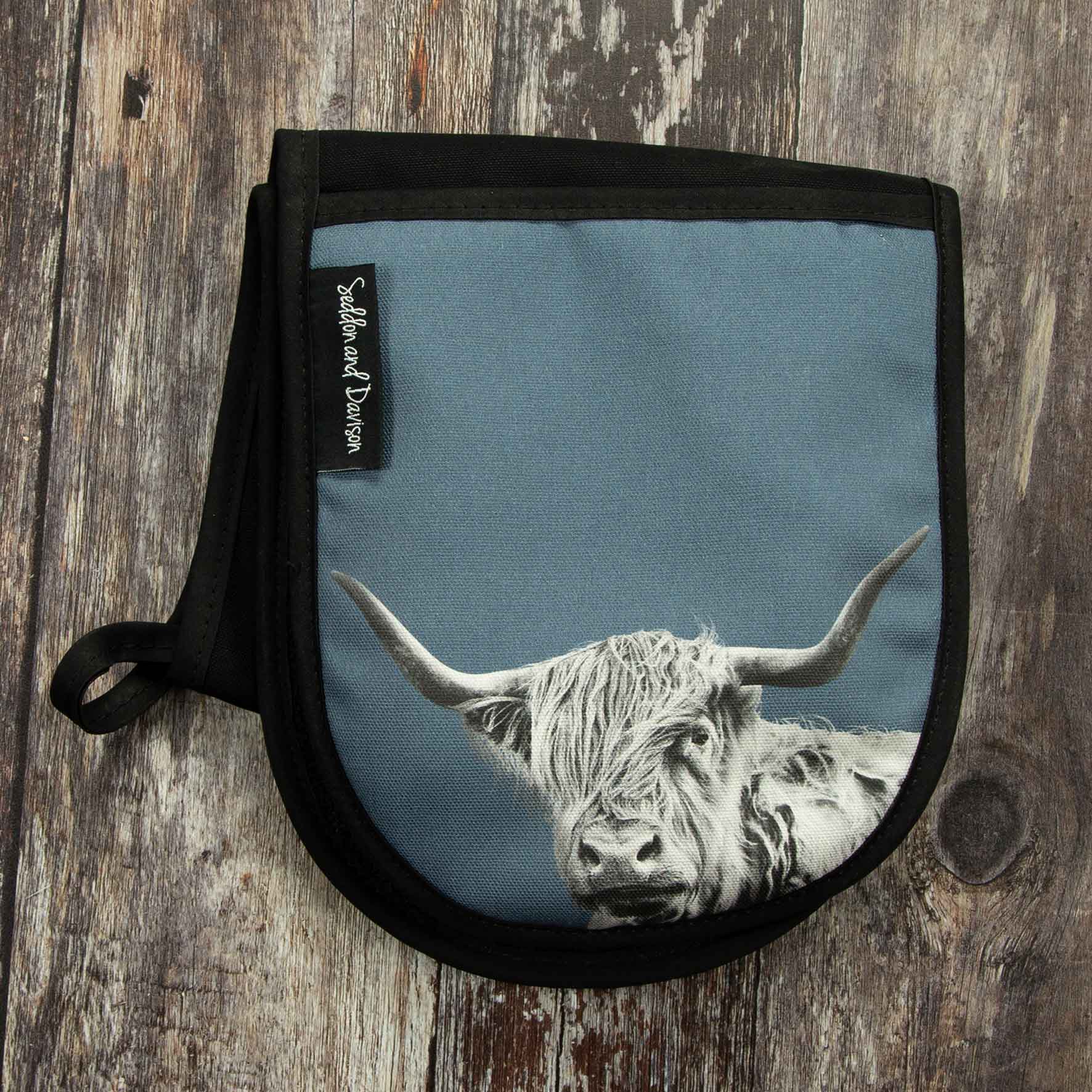 Highland Cow Oven Gloves - Steel Blue