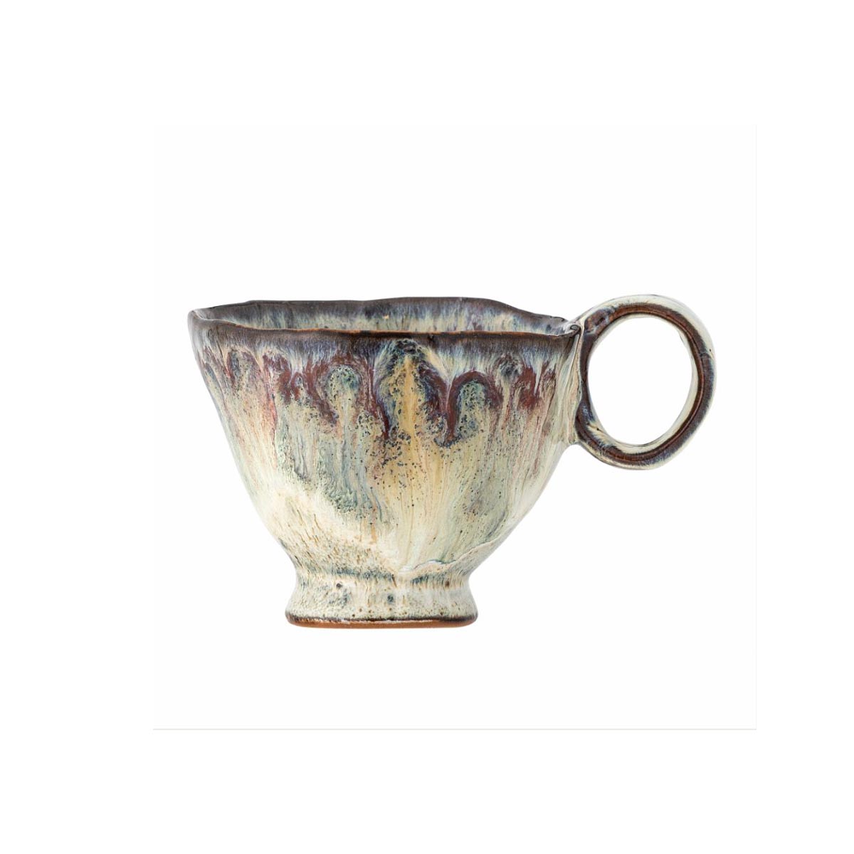 Handmade Imogen stoneware cup with grey reactive glaze – side view - on white background
