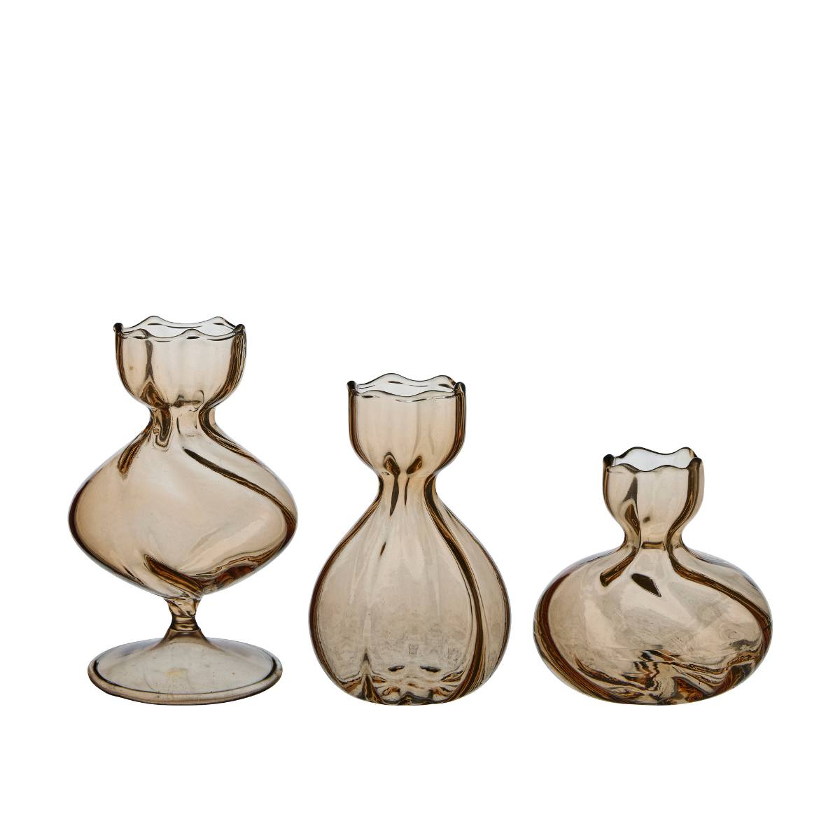 Iris Amber Bud Vases - Set of Three - Scalloped rimmed glass mini vases on white background