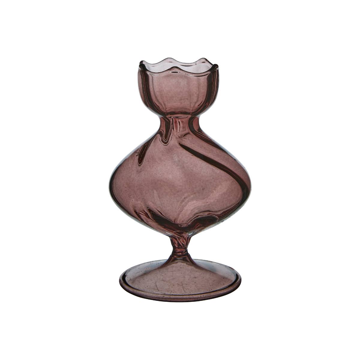 Iris Plum Bud Vase – tall purple glass vase with wide rounded base and scalloped rim on white background