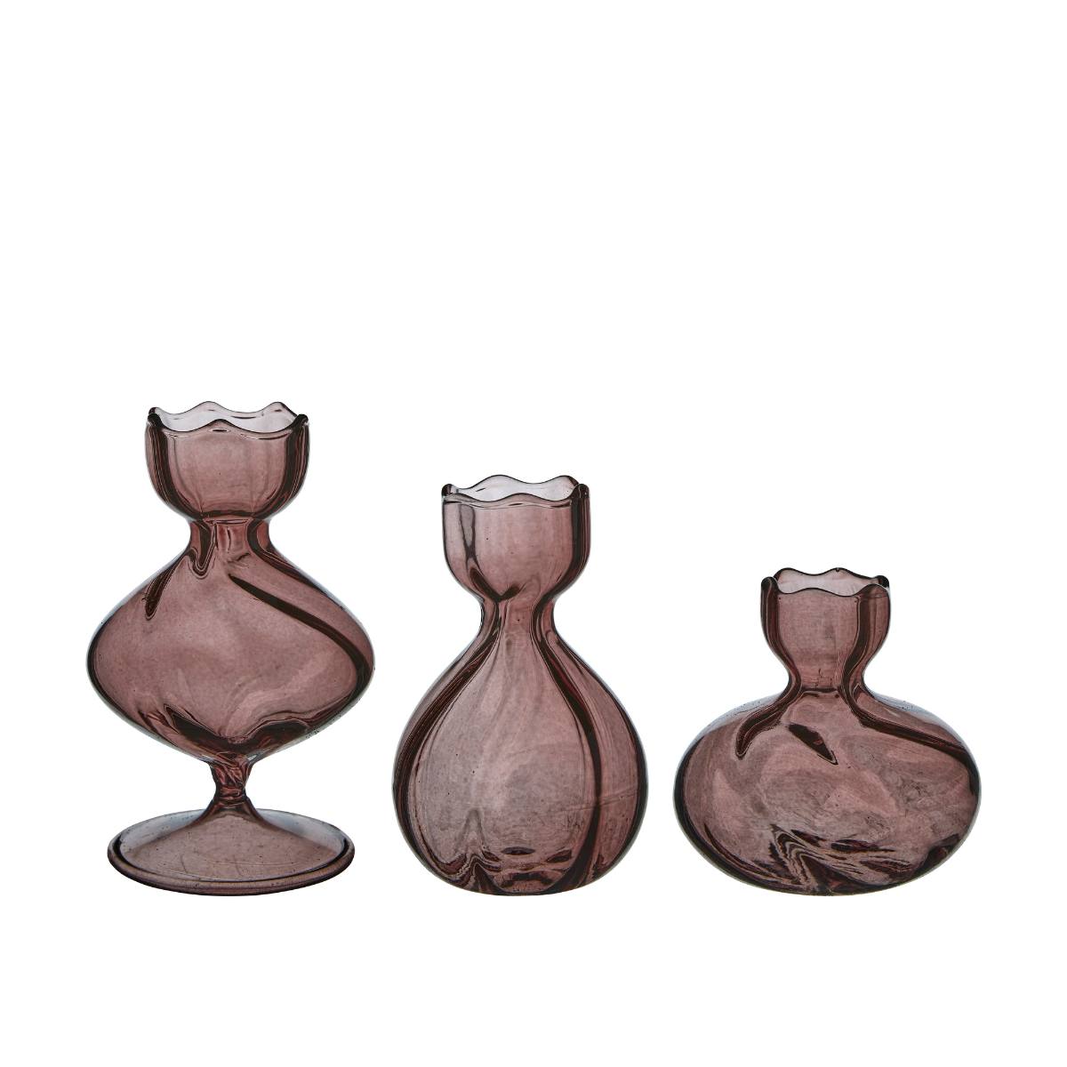 Iris Plum Bud Vases – set of three purple glass vases with scalloped rims on white background