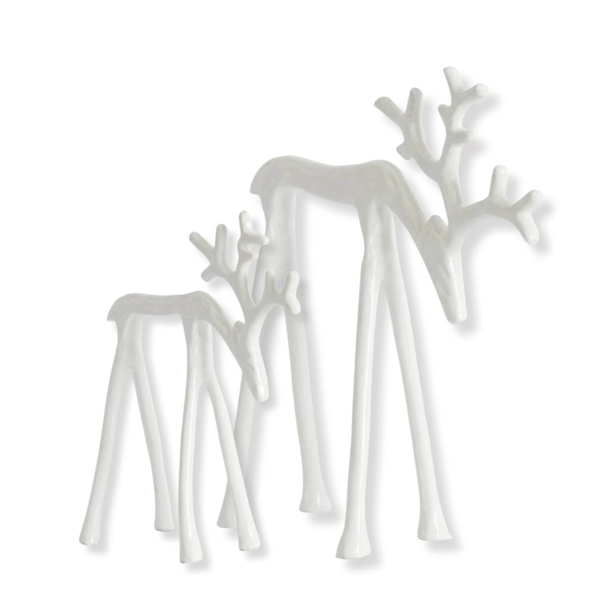 Jackson cream metal deer festive ornaments on a white background - Large and Small sizes shown together