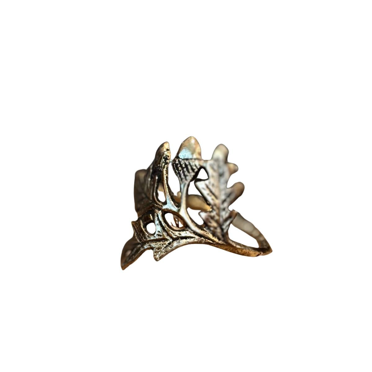 Joa Antique Gold Leaf Napkin Ring with intricate Oak Leaf and Acorn design on a white background