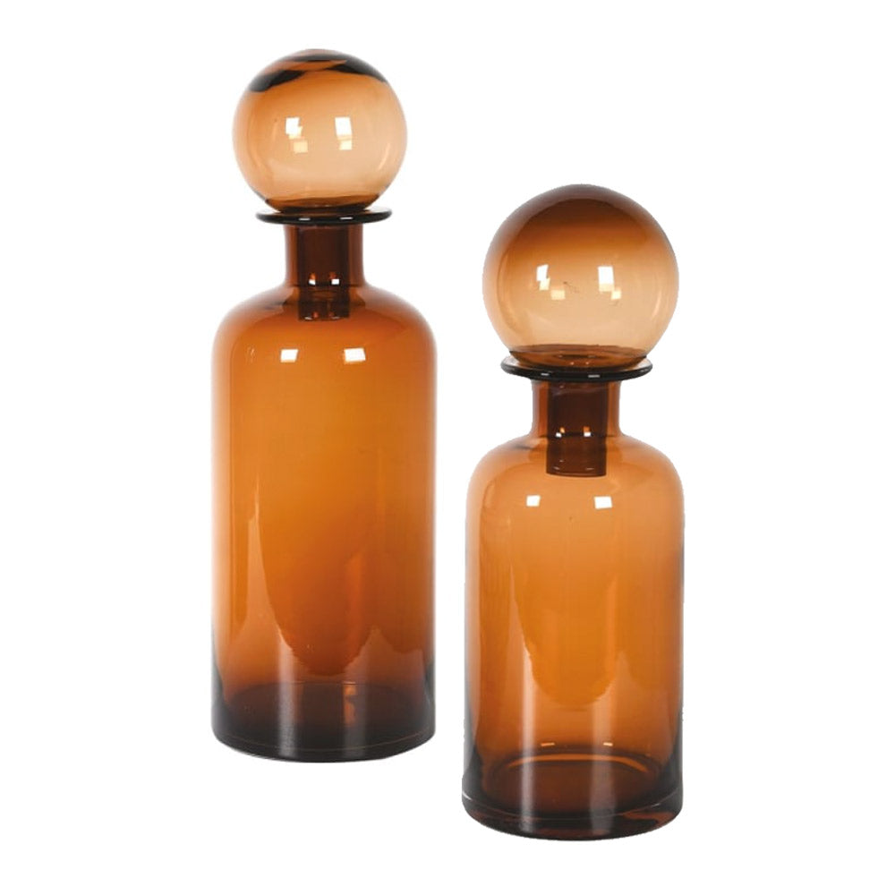 Two Lana Amber Glass Bottles with Ball Tops - Large and Small Sizes shown on a white background
