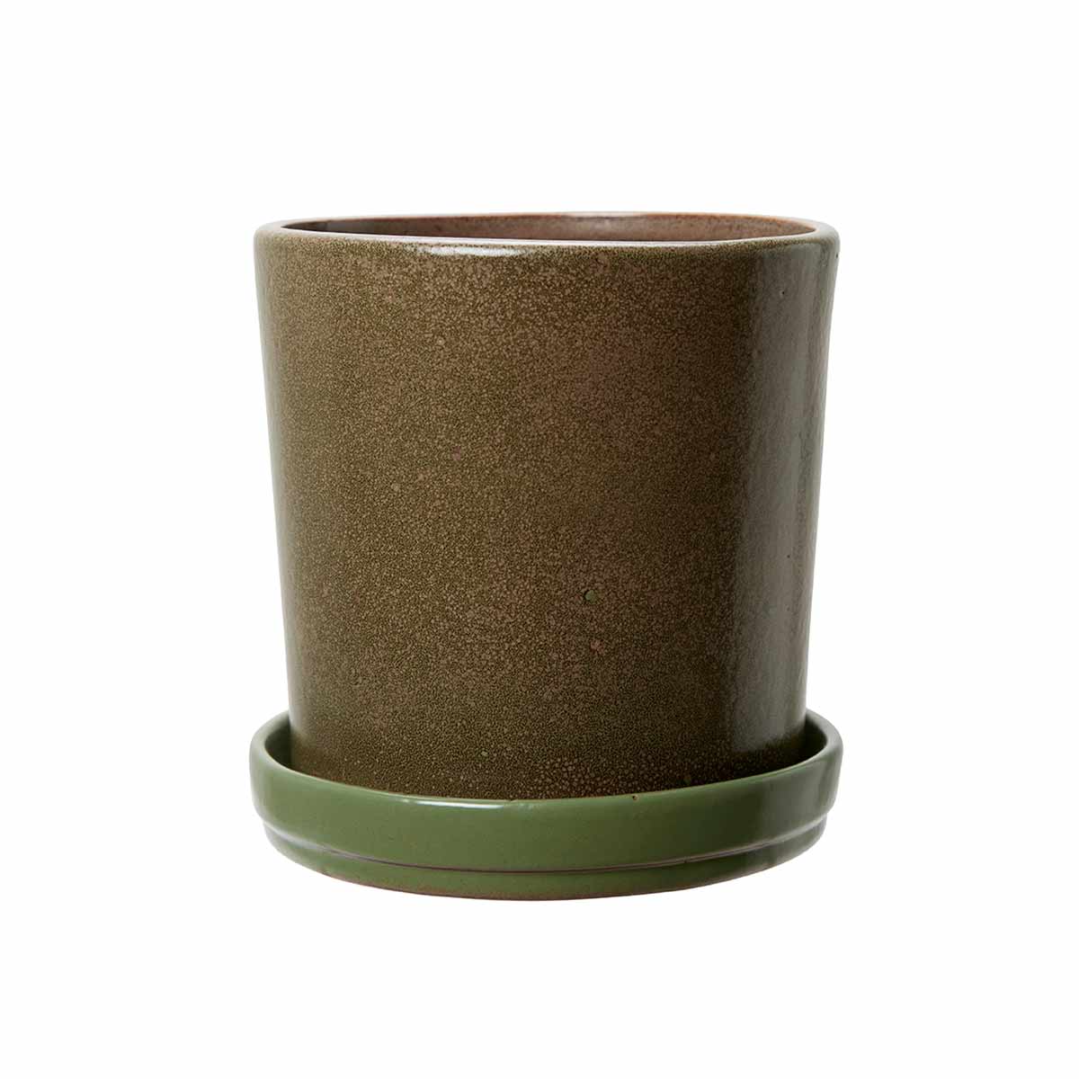 Large Alma Plant Pot – earthy brown finish with matching green base, Ø13cm and Ø16cm