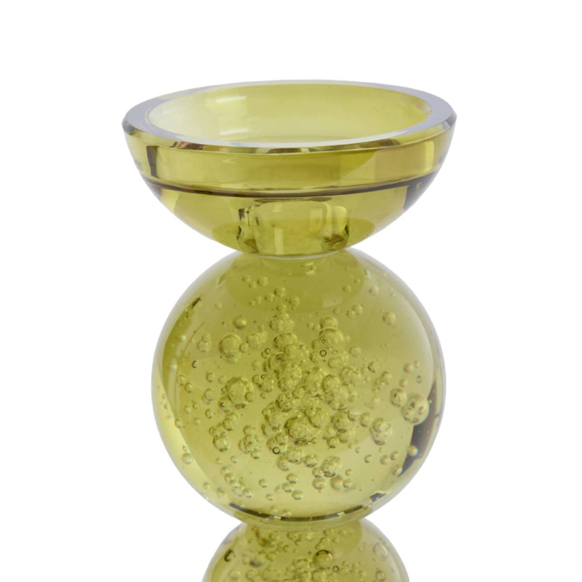 Large Itinga Olive Green Bubble Glass Candle Holder – Ø9.5 x H34 cm on a white background -Close up of tiny air bubbles suspended within the glass 