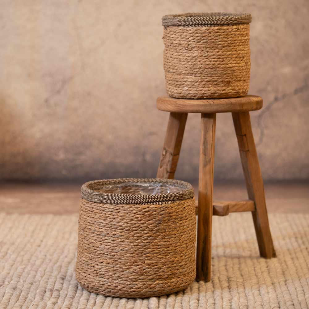 Leavy Brown Border Round Rattan Basket  - 2 Sizes Available