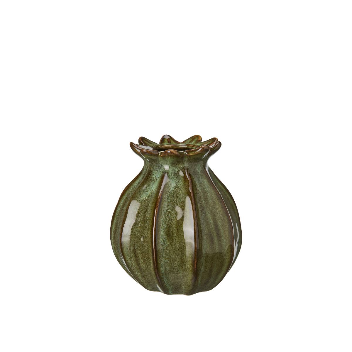 Lillian Vase – green stoneware vase with seed pod-inspired shape and fluted rim with glossy finish