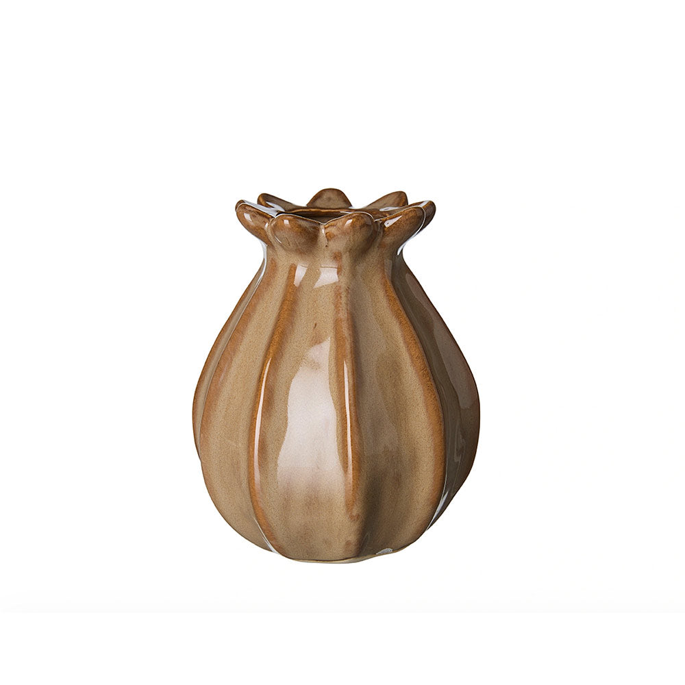 A glossy ceramic bud vase with a brown and taupe  gradient glaze, set against a plain white background.