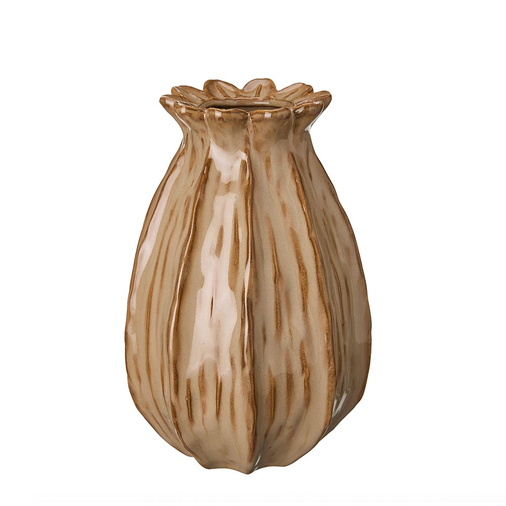 A ceramic vase shaped like a dried seed pod, featuring a glossy finish with vertical ridges and a fluted rim, in shades of taupe and brown on a white background.