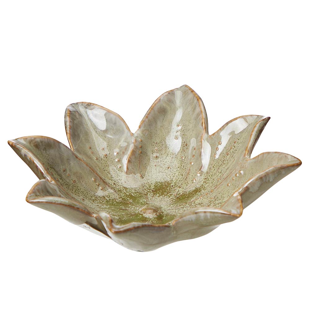 A ceramic lotus-shaped bowl with a glossy glaze, featuring a speckled green and beige pattern with a rustic brown rim, set against a plain white background.