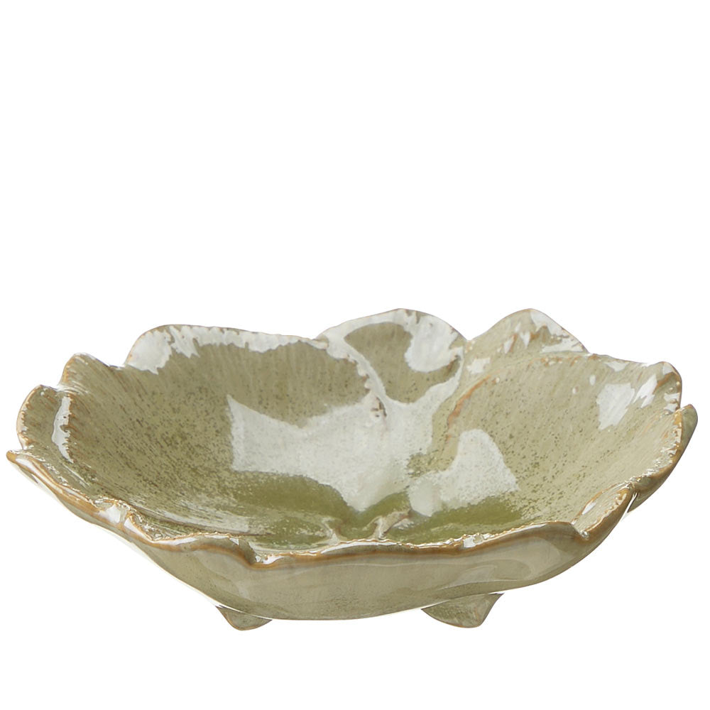 A ceramic leaf-shaped bowl with a textured, organic scalloped rim and a glossy glaze in muted olive green and brown tones, shown on a plain white background.