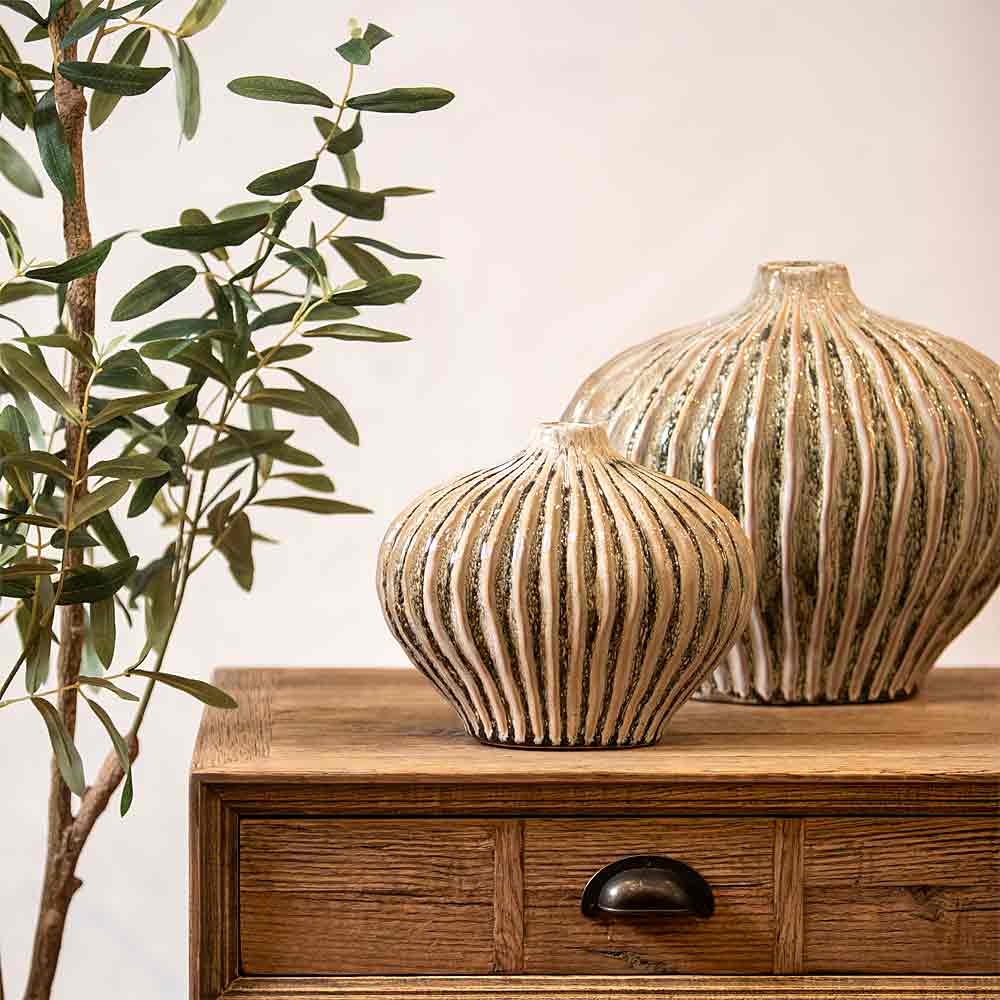 Lorito Ridged Olive Green Ceramic Vase