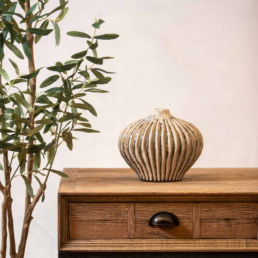 Lorito Ridged Olive Green Ceramic Vase