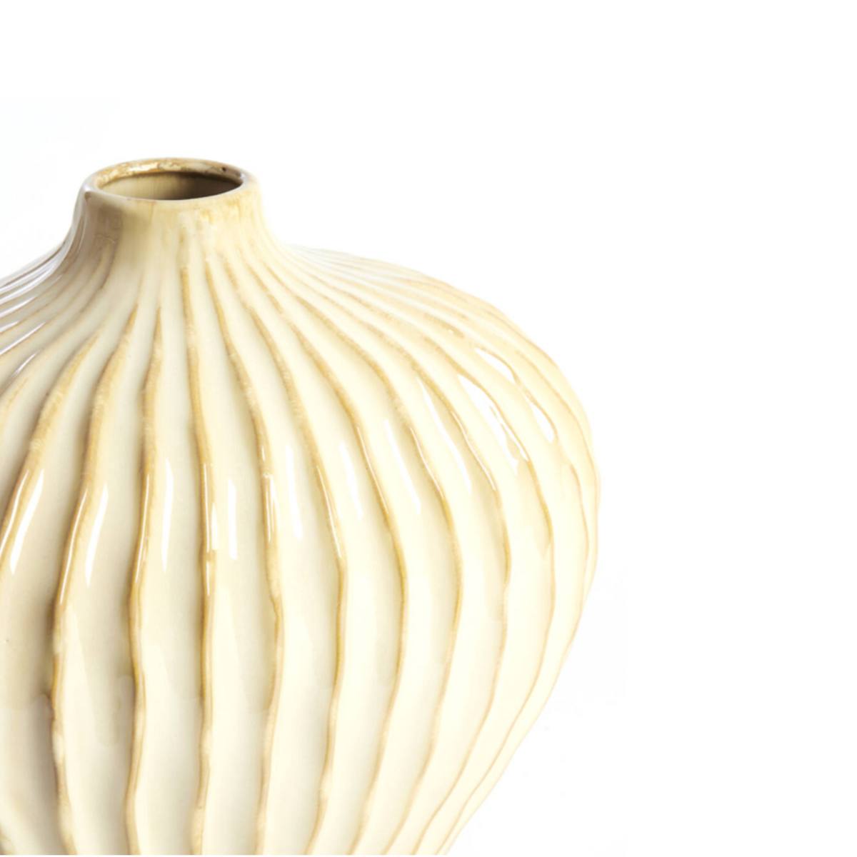 Lorito sand ceramic vase with ribbed texture on a white background - close up of top and textured design