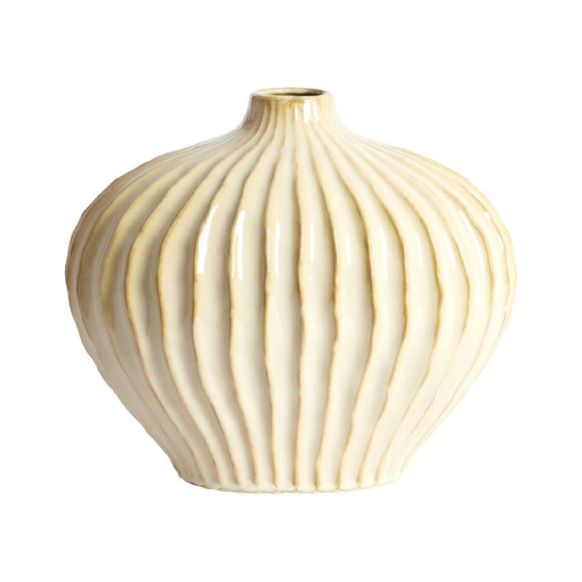 Lorito Ridged Sand Ceramic Vase - Beige ribbed vase on a white background