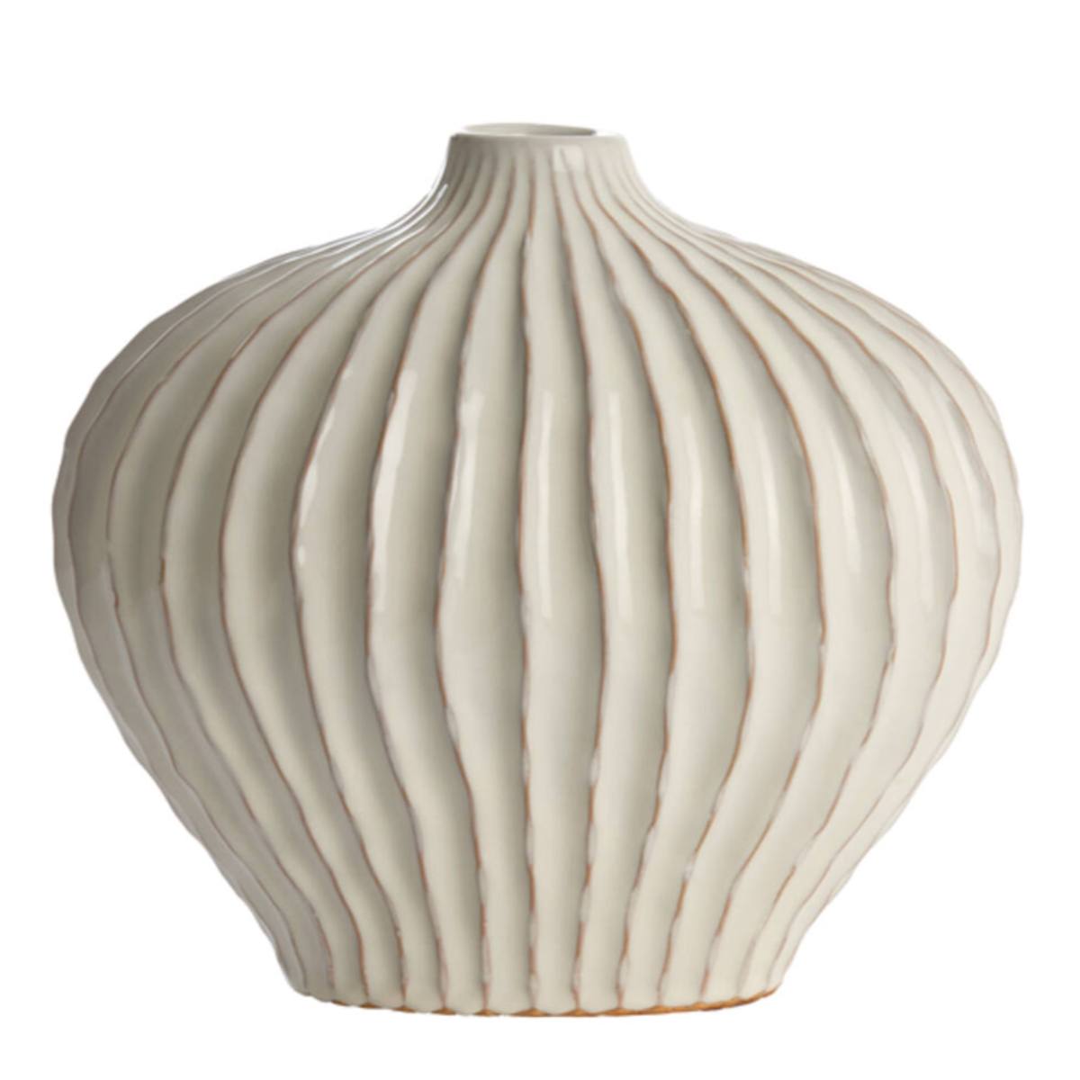 Large Lorito Ridged Cream Ceramic Vase - round shape with narrow neck with vertical ridges, shown against a white background