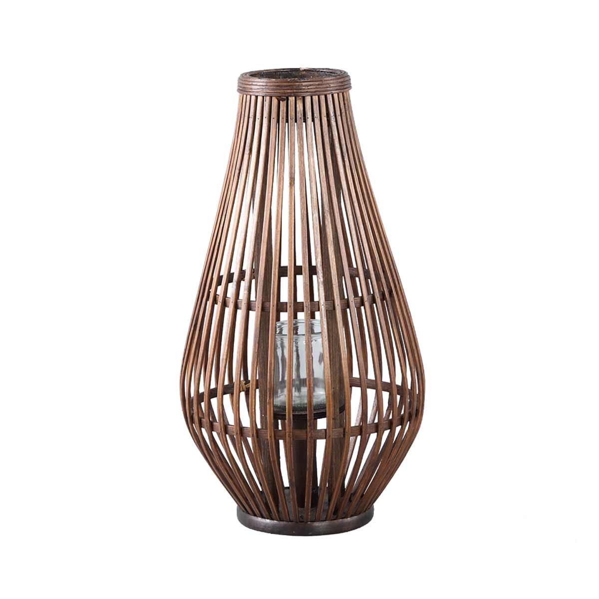 Lysia Brown Bamboo Lantern - Teardrop-shaped with glass candle holder inside