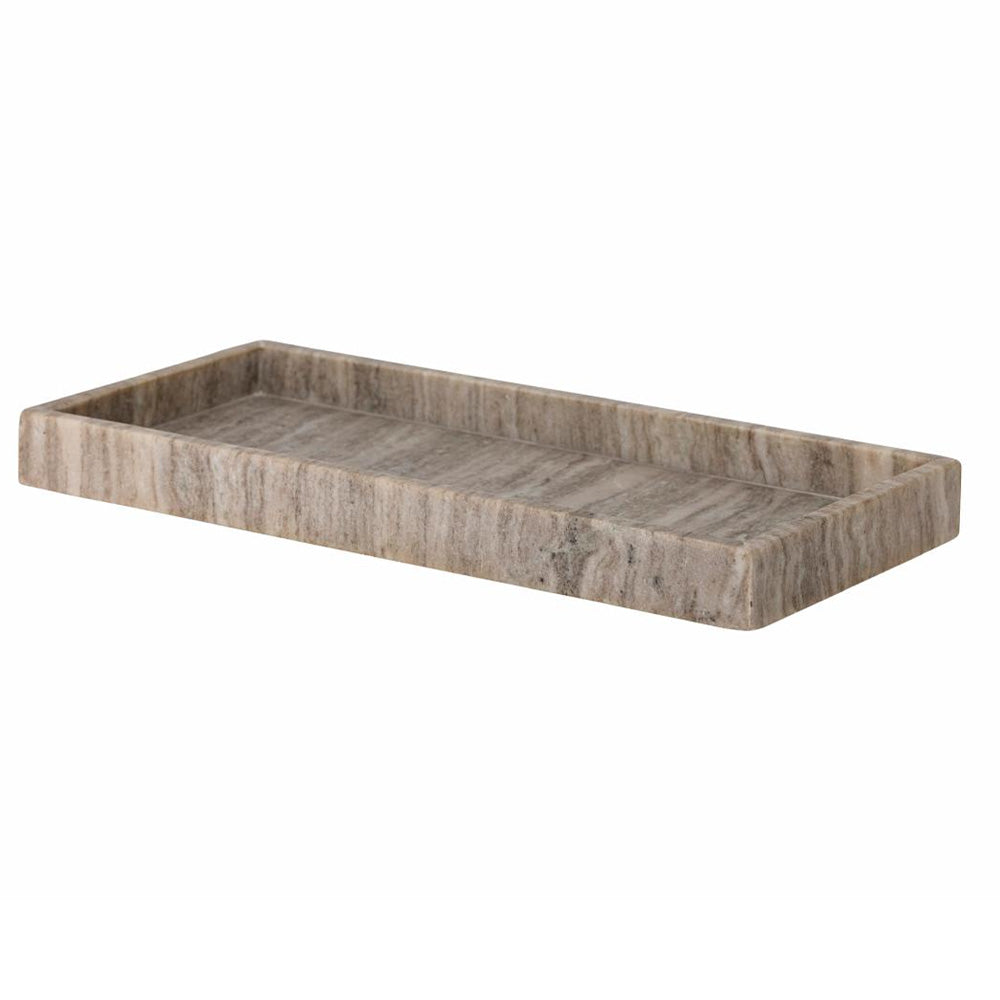 A rectangular stone tray with a natural marble or granite texture in gray, beige, and brown tones, shown on a plain white background.