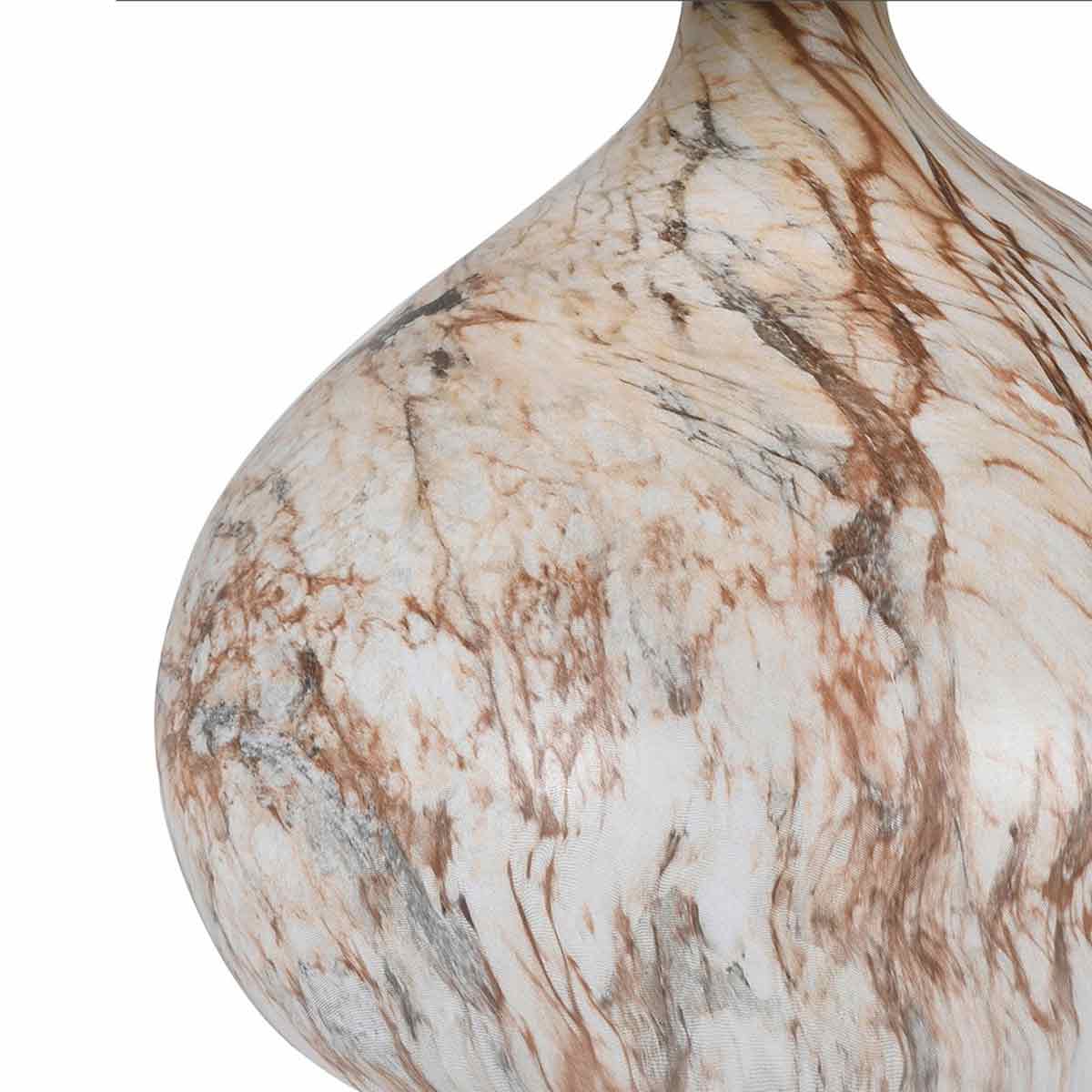 Close up of round ceramic base on Marble Effect Lamp with Linen Shade on white background