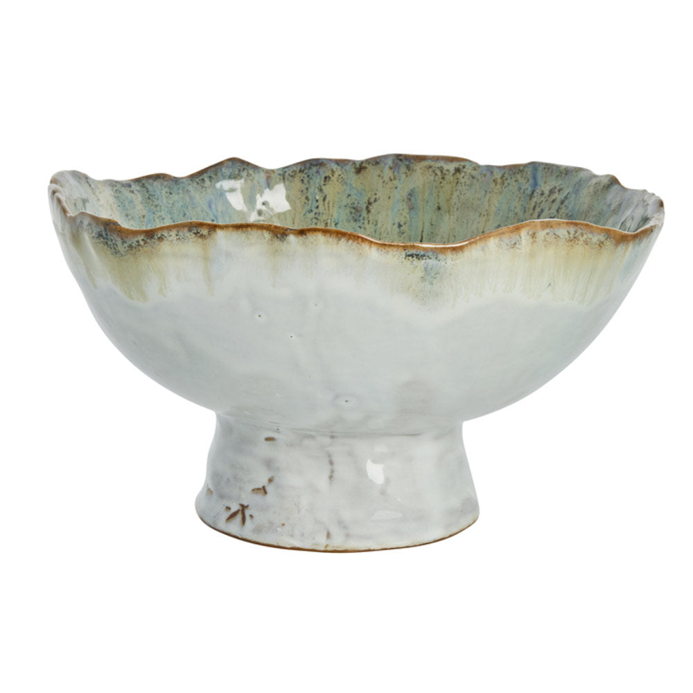 Milla Reactive Glaze Bowl on Stand in Green with textured edge on a white background