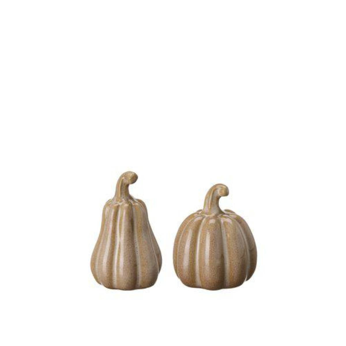 Mini Taupe Ceramic Pumpkins – two-piece set with soft taupe glaze on white background
