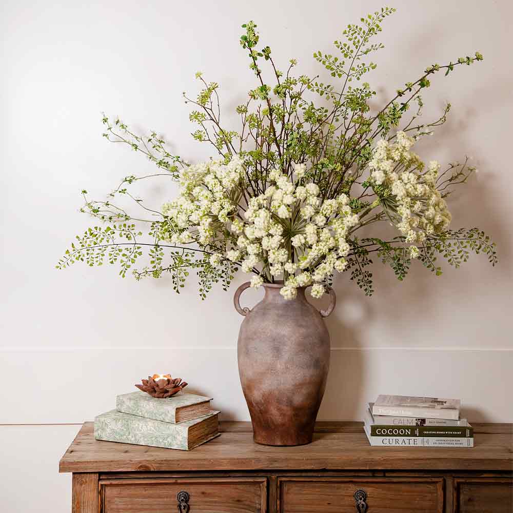 Mottle Effect Ceramic Vase styled with dried hydrangeas and greenery in a hallway setting