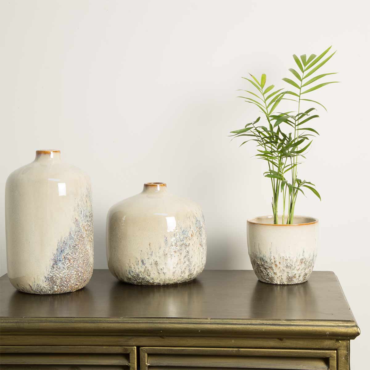 Handmade cream ombre ceramic vase with sculptural rounded shape, ideal for faux or dried flowers - Two sizes shown with Harper plant pot