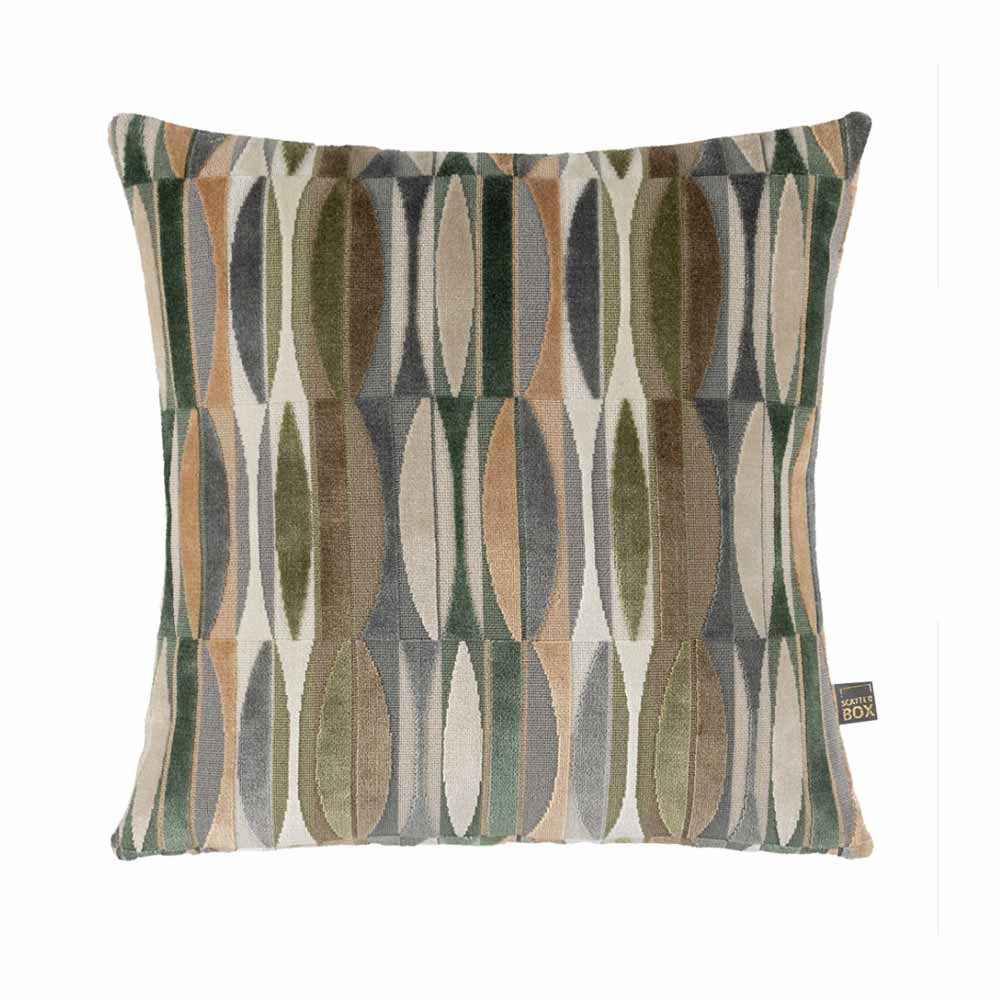 Odessa Square Cushion – square shape with soft green and taupe geometric patter on white background