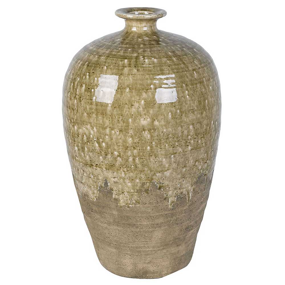 A rustic ceramic vase with a textured, olive glaze that transitions from a warm olive green at the top to a sandy beige at the base, shown on a plain white background.