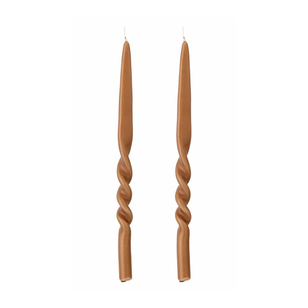 Pair of Twist Dinner Candles - Caramel - on a white background