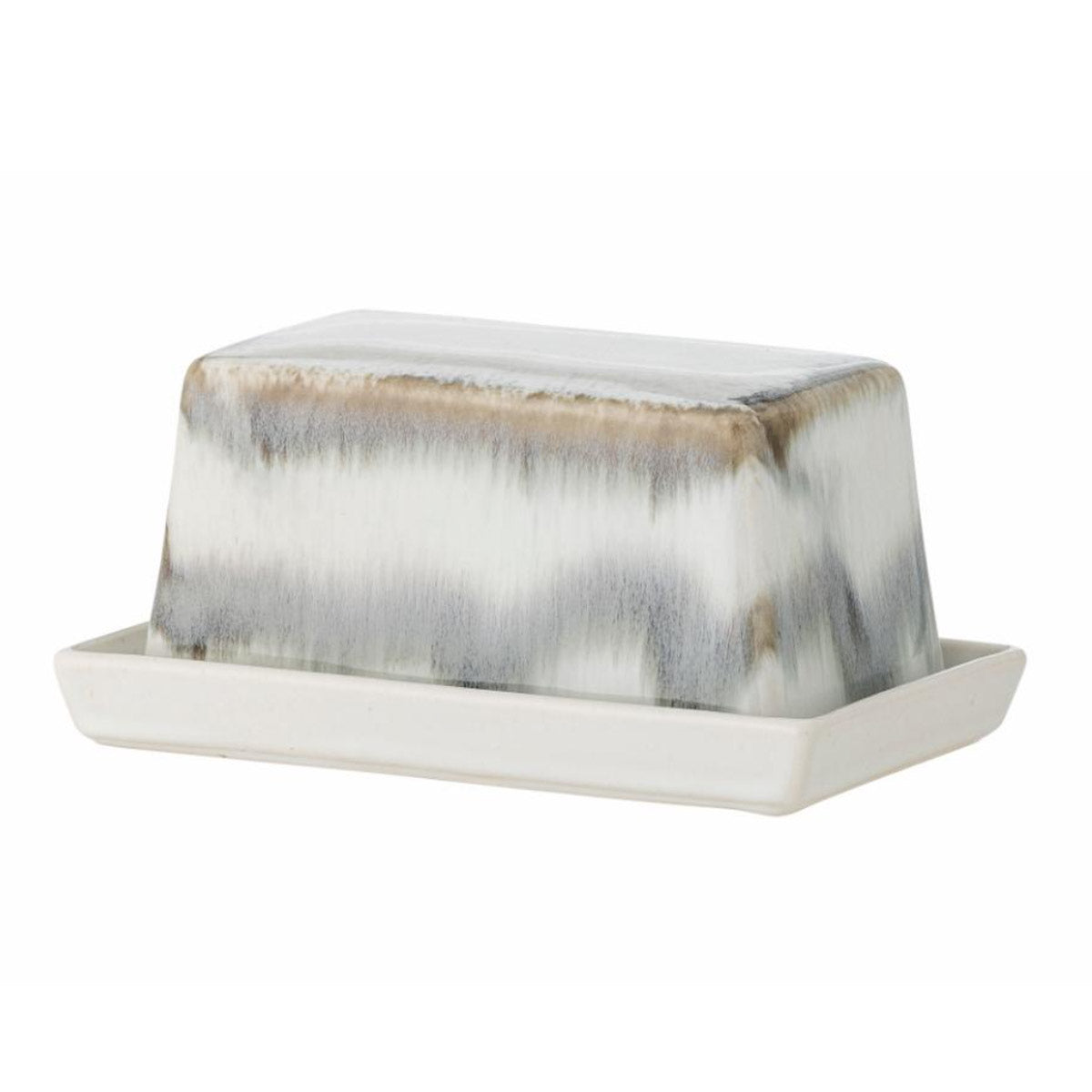 Paula Stoneware Butter Dish with a reactive glaze in grey and white.