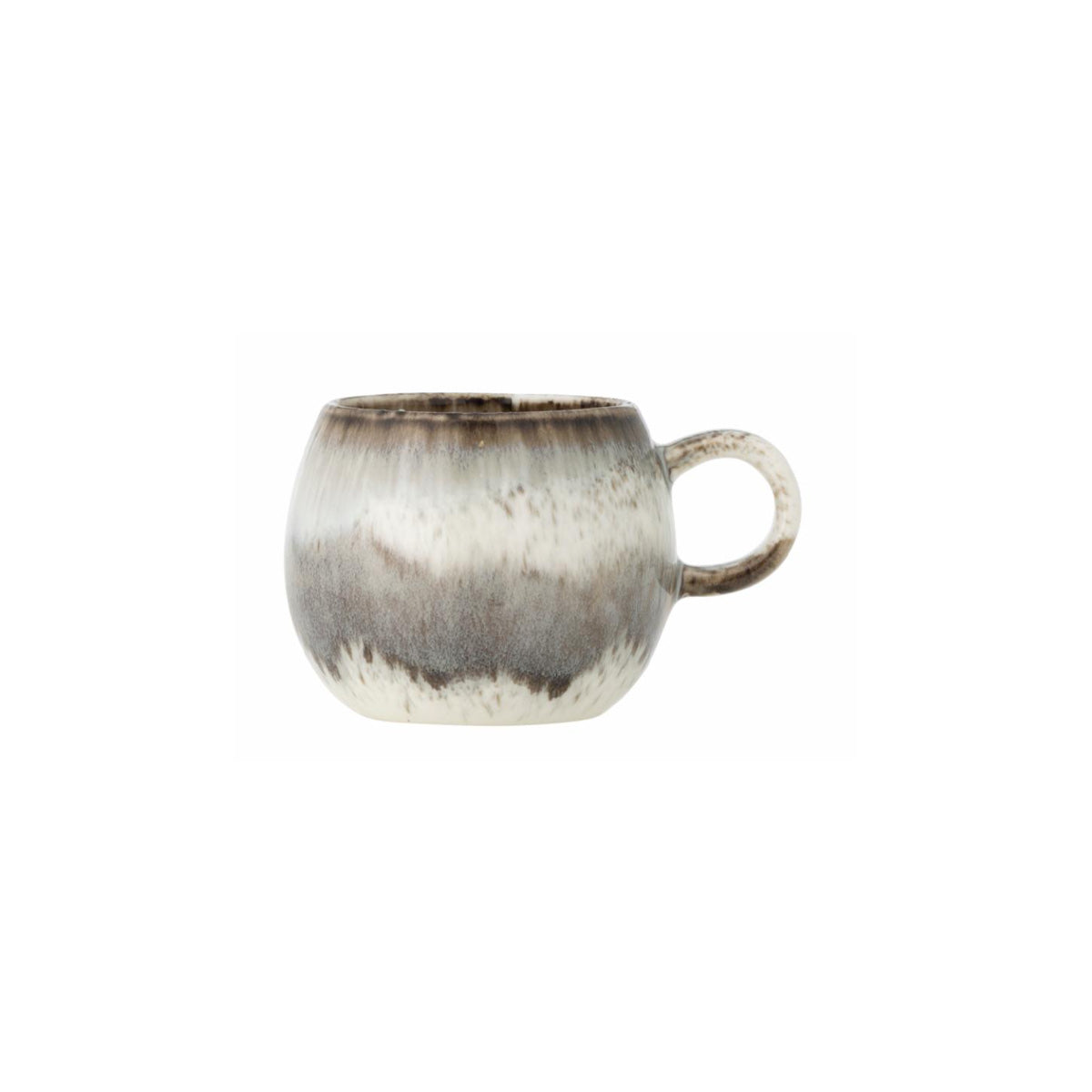Paula Stoneware Espresso Cup in grey, white, and brown reactive glaze, showcasing its organic circular shape and unique colour variations.