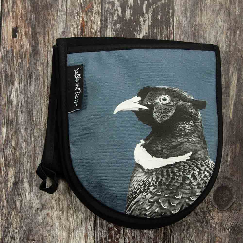 Pheasant Oven Gloves - Black and White - Steel Blue