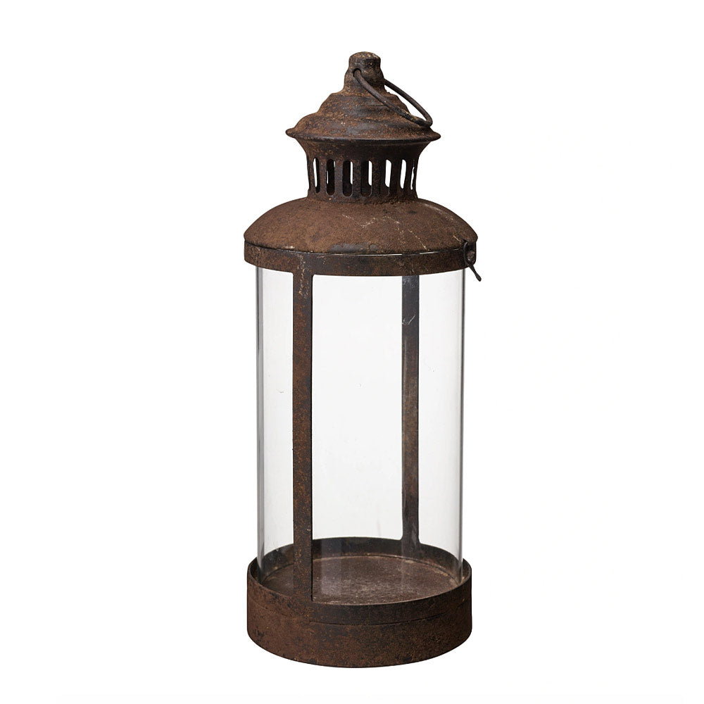 A rustic metal lantern with a weathered dark brown finish and clear glass panels, shown against a plain white background.