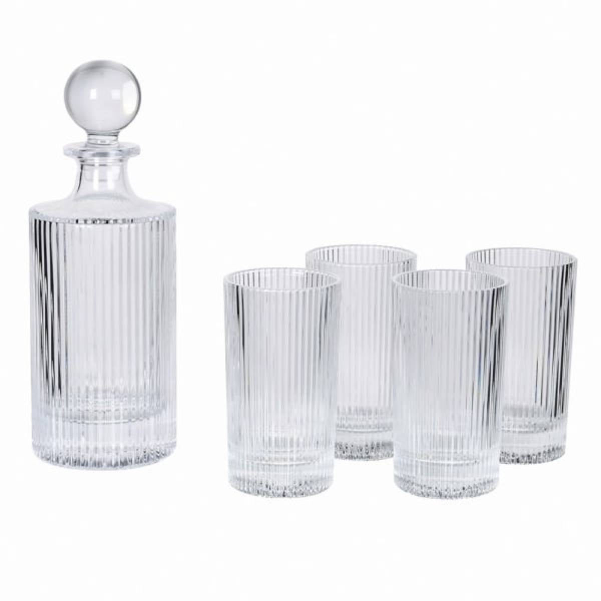 Ribbed Glass Decanter Set with four glasses on a white background
