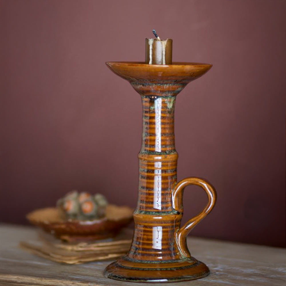 Rigby Short Stoneware Candle Holder in Warm Brown