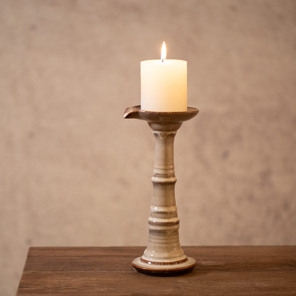 Rigby Tall Stoneware Candle Holder in Chestnut and Cream