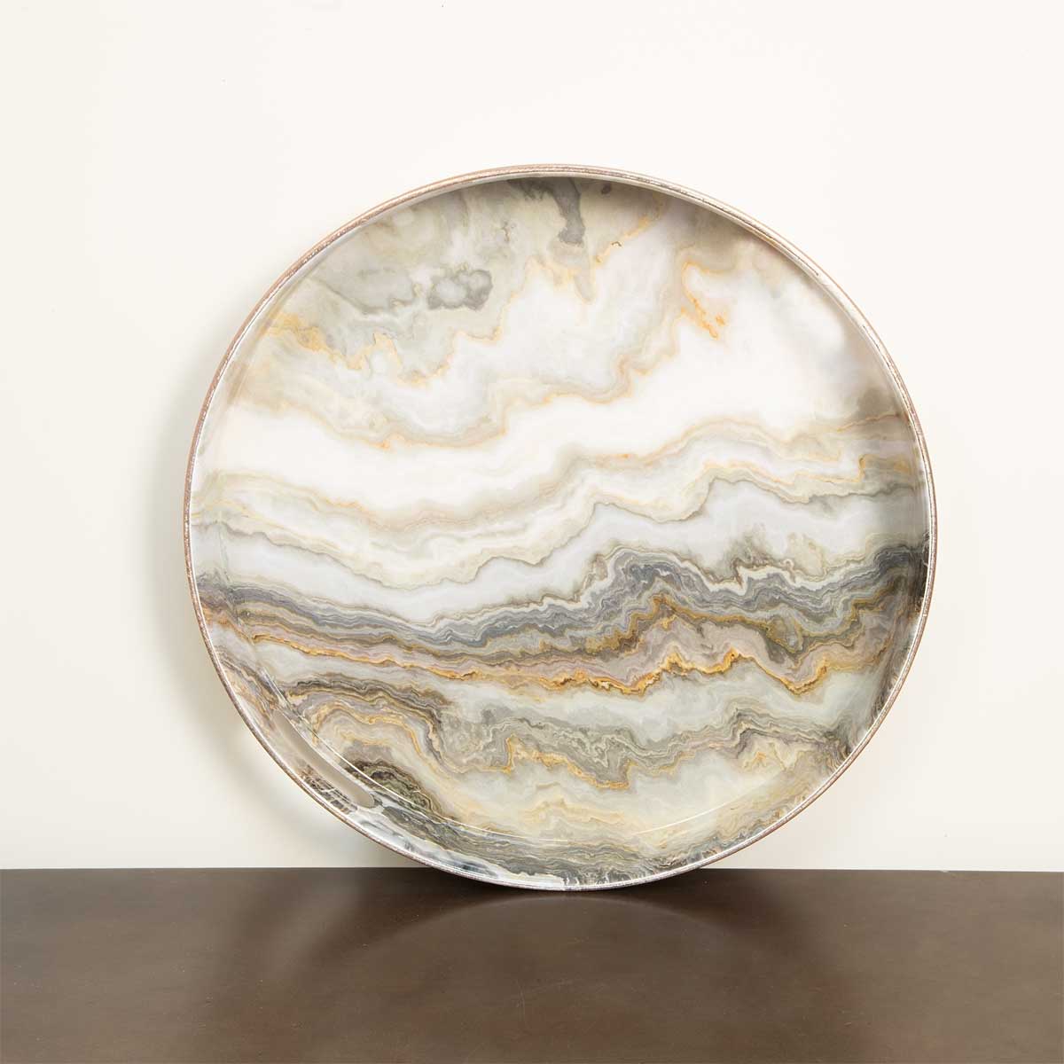 Overhead view of Rose Gold Marble Effect Tray showing full circular marble effect design