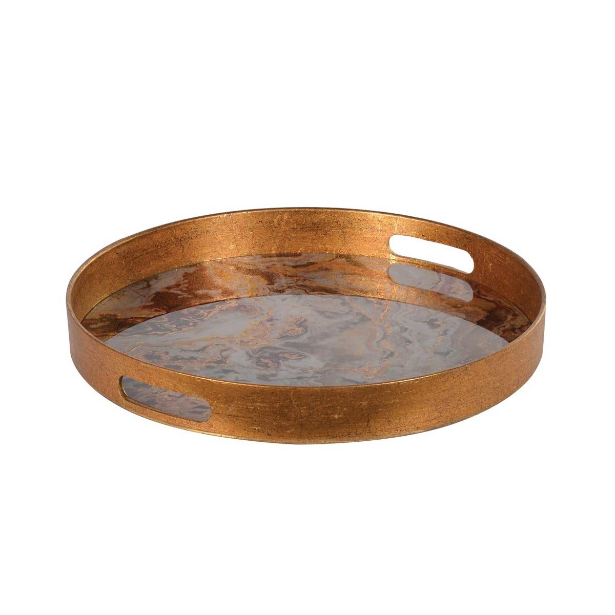 Round Marble-Effect Tray in antique rose with gold rim and handles on white background