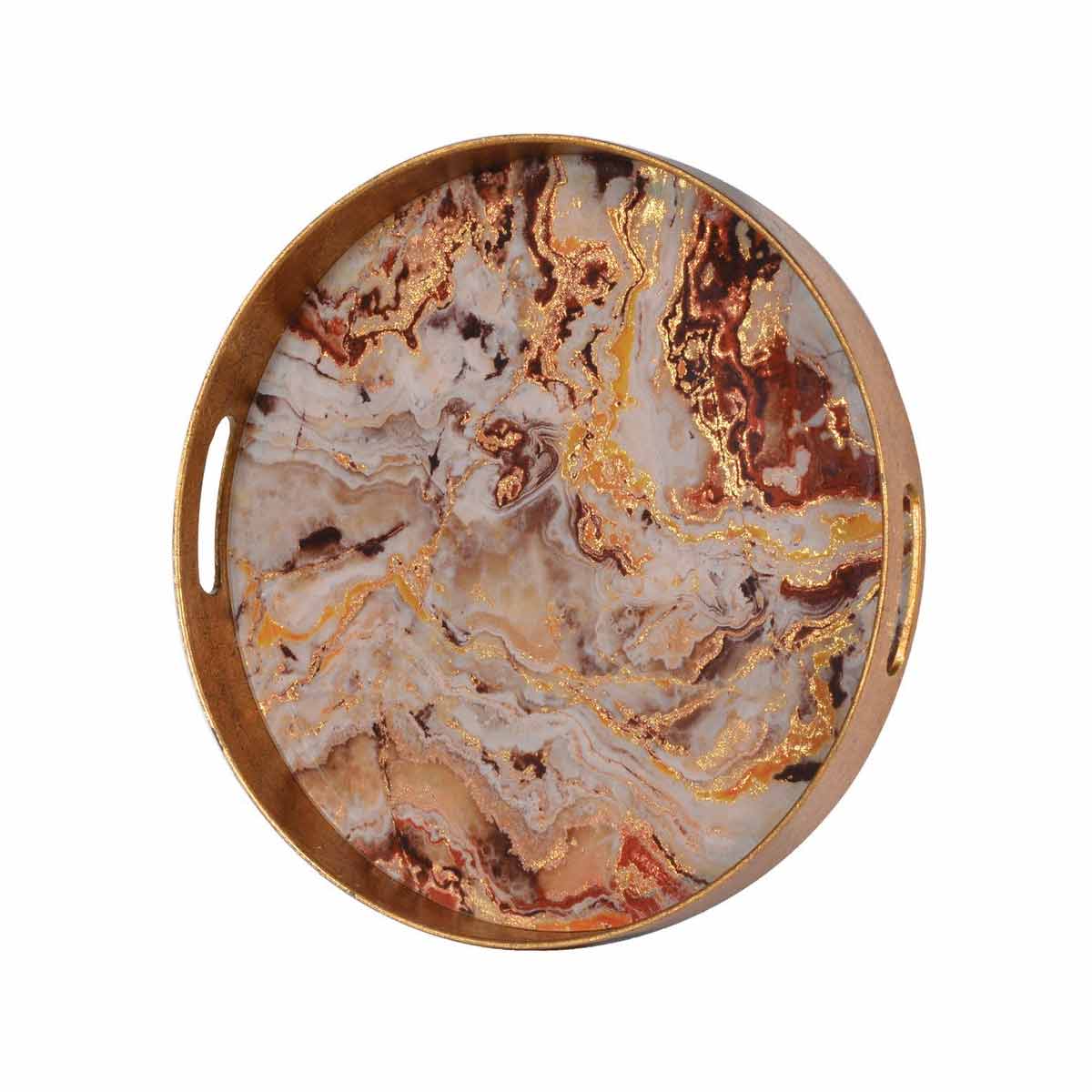Round Marble-Effect Tray in antique rose with gold rim and handles shown from above on white background 